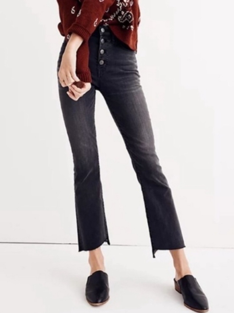 Madewell Cali Demi-boot jeans in black with raw uneven hem